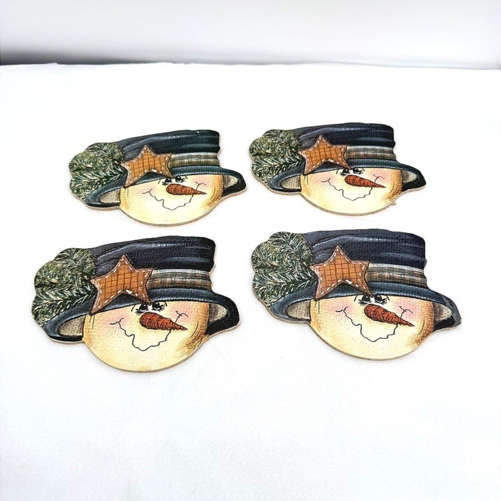 Snowman Coasters Set of 4 Cork Backed Winter Holiday Decor Retro MCM Christmas